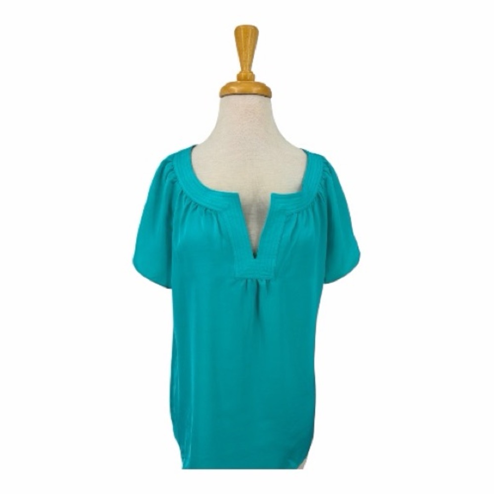 🏷️ Talbots Sateen Split-Neck Tunic — Short Sleeve — Size 16 (XL) — Teal — NWT - Picture 2 of 10